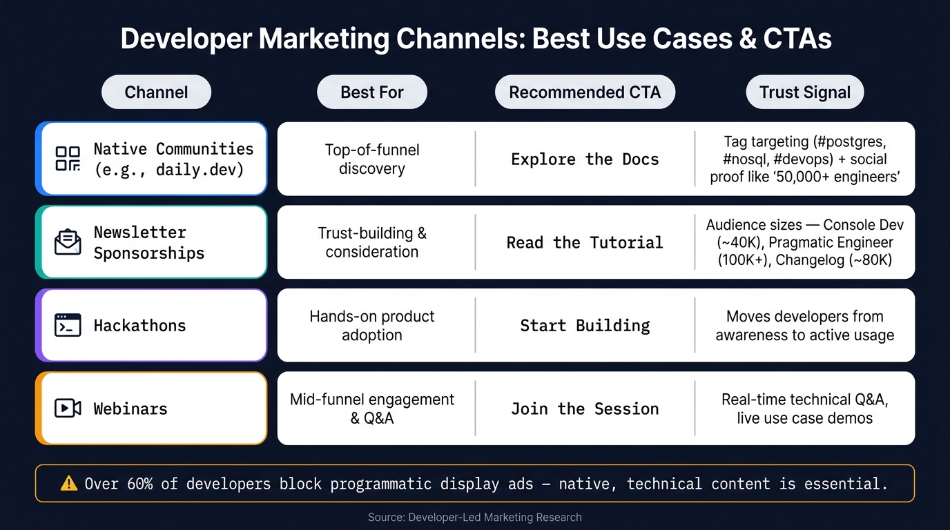 Developer Marketing Channels: Best Use Cases & CTAs for Database Products