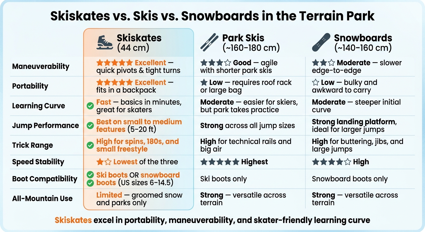 Skiskates vs. Skis vs. Snowboards: Terrain Park Comparison
