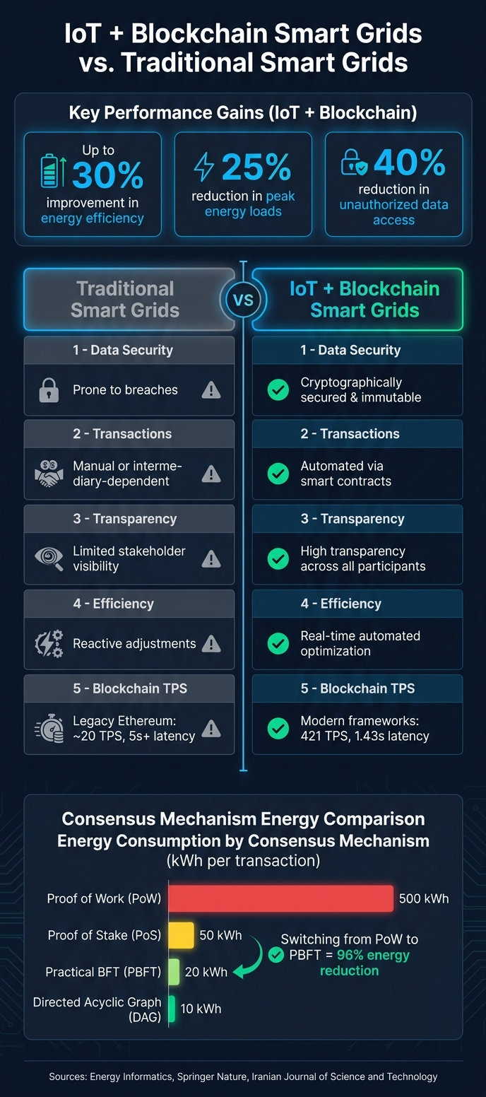 How IoT Sensors and Blockchain Work in Smart Grids 1 IoT + Blockchain Smart Grids vs Traditional Smart Grids: Key Metrics & Benefits