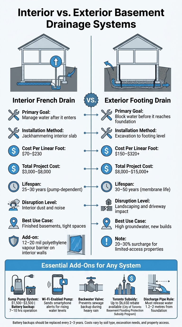 Interior vs. Exterior Basement Drainage Systems: Cost, Lifespan & Best Use