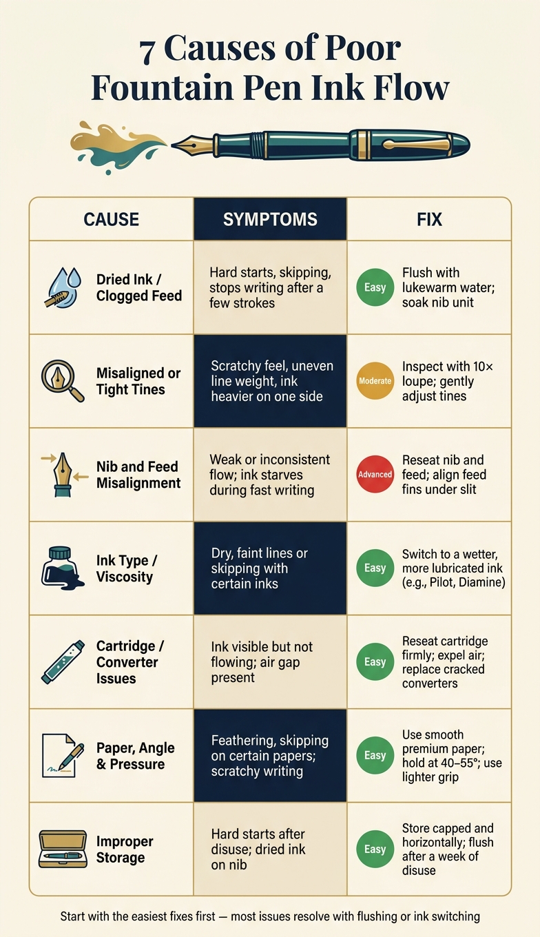 7 Causes of Poor Fountain Pen Ink Flow: Symptoms & Fixes