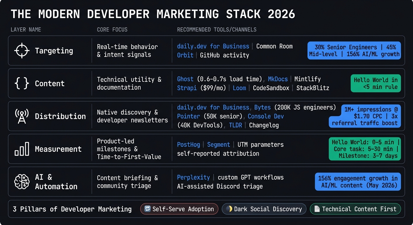 The Modern Developer Marketing Stack 2026: Tools, Layers & Key Metrics