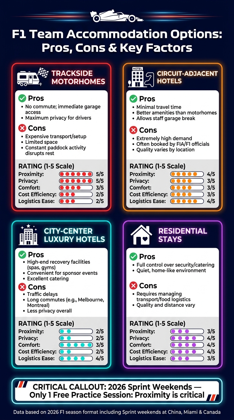 F1 Team Accommodation Options: Pros, Cons & Key Factors