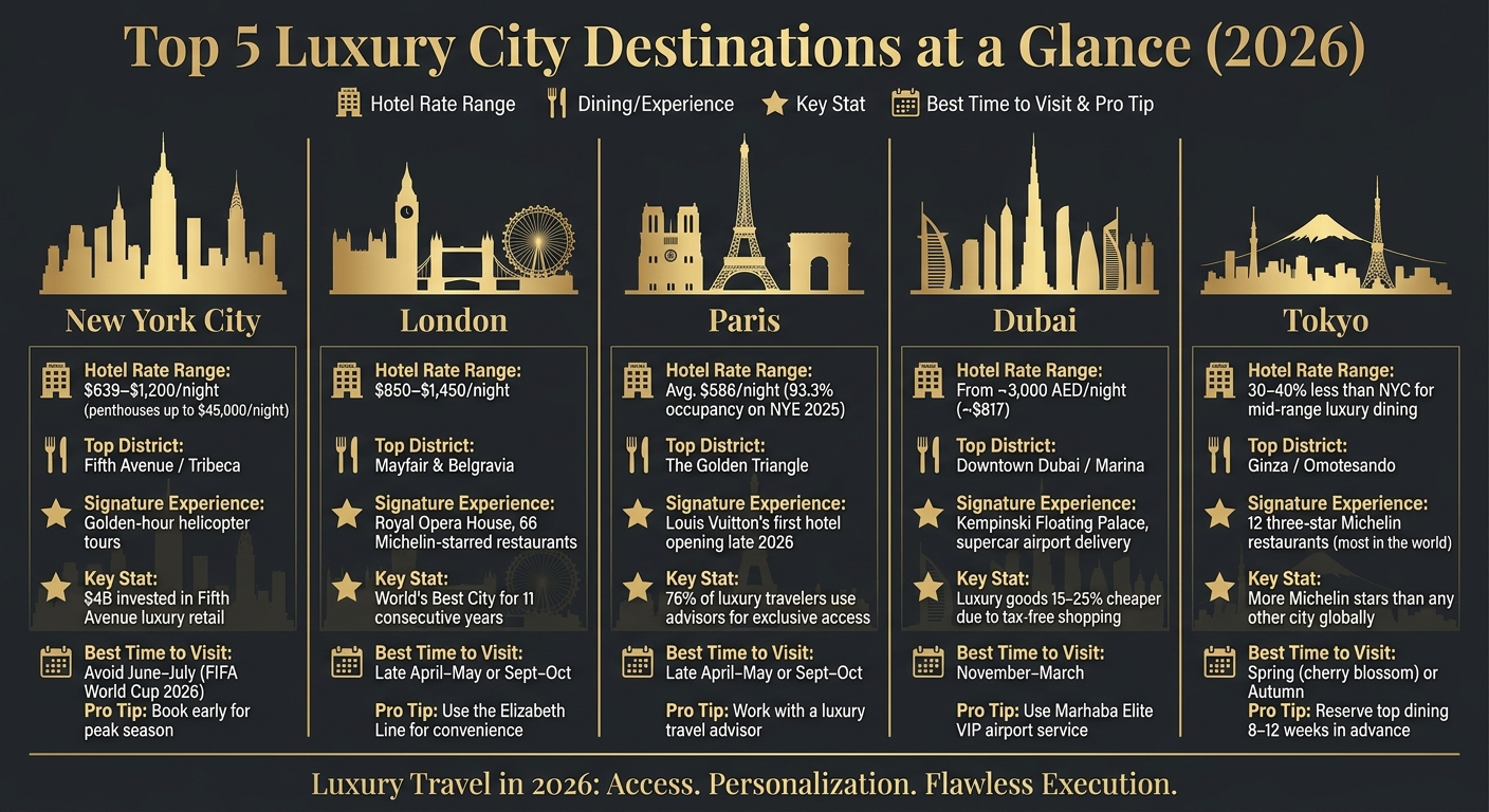Top 5 Luxury City Destinations Compared: NYC, London, Paris, Dubai & Tokyo