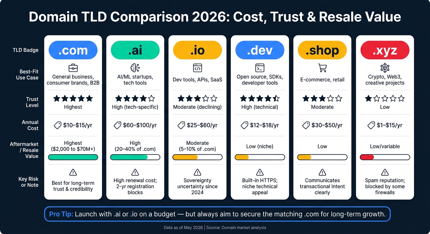 Domain TLD Comparison 2026: Cost, Trust & Resale Value