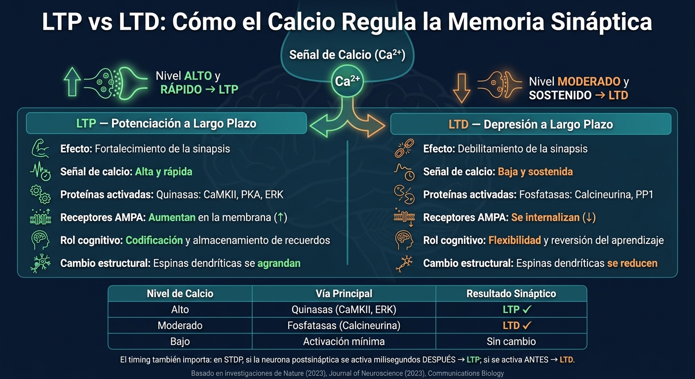 LTP vs LTD: Cómo el Calcio Regula la Memoria Sináptica