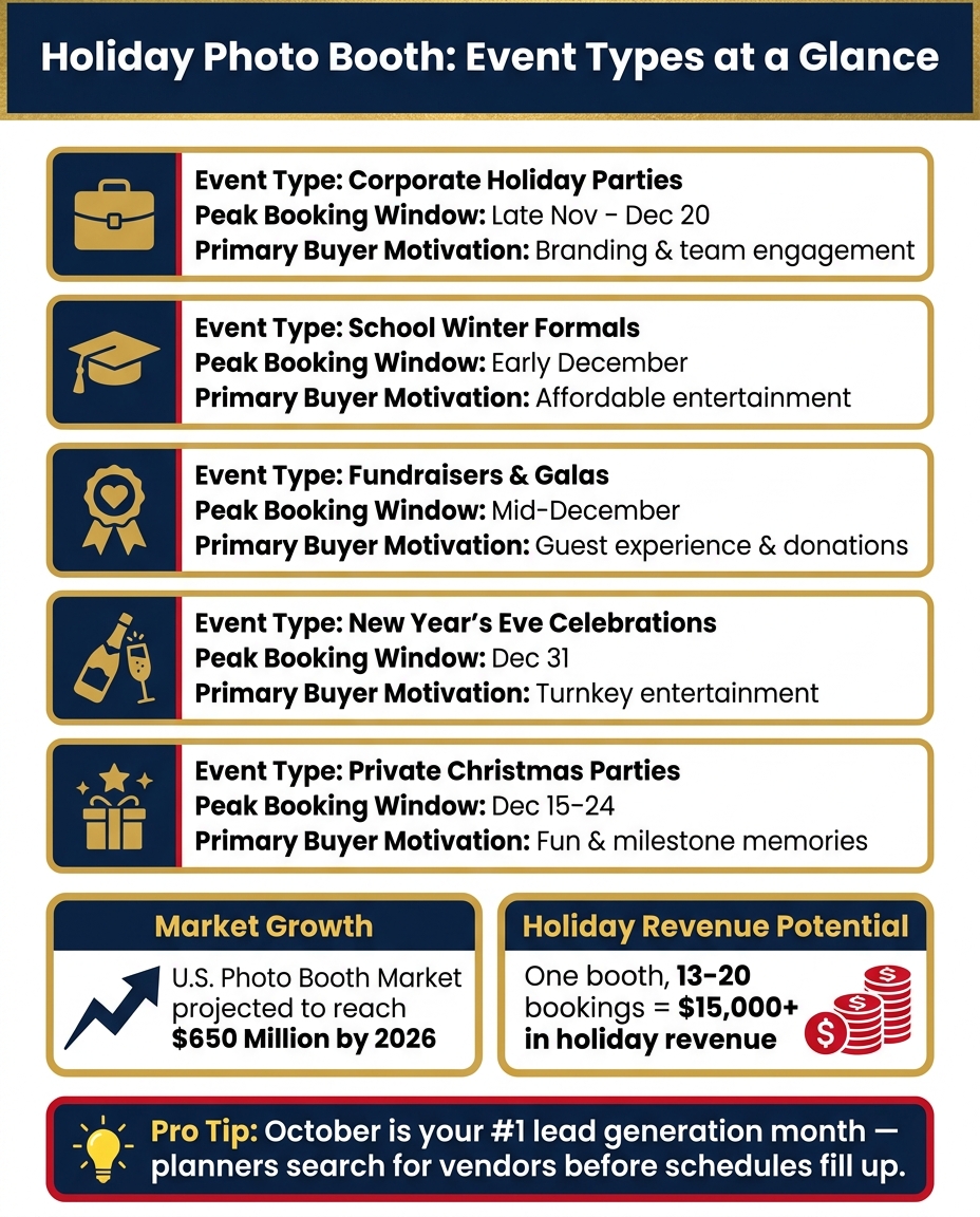 Holiday Photo Booth Event Types: Peak Windows, Buyers & Revenue Potential
