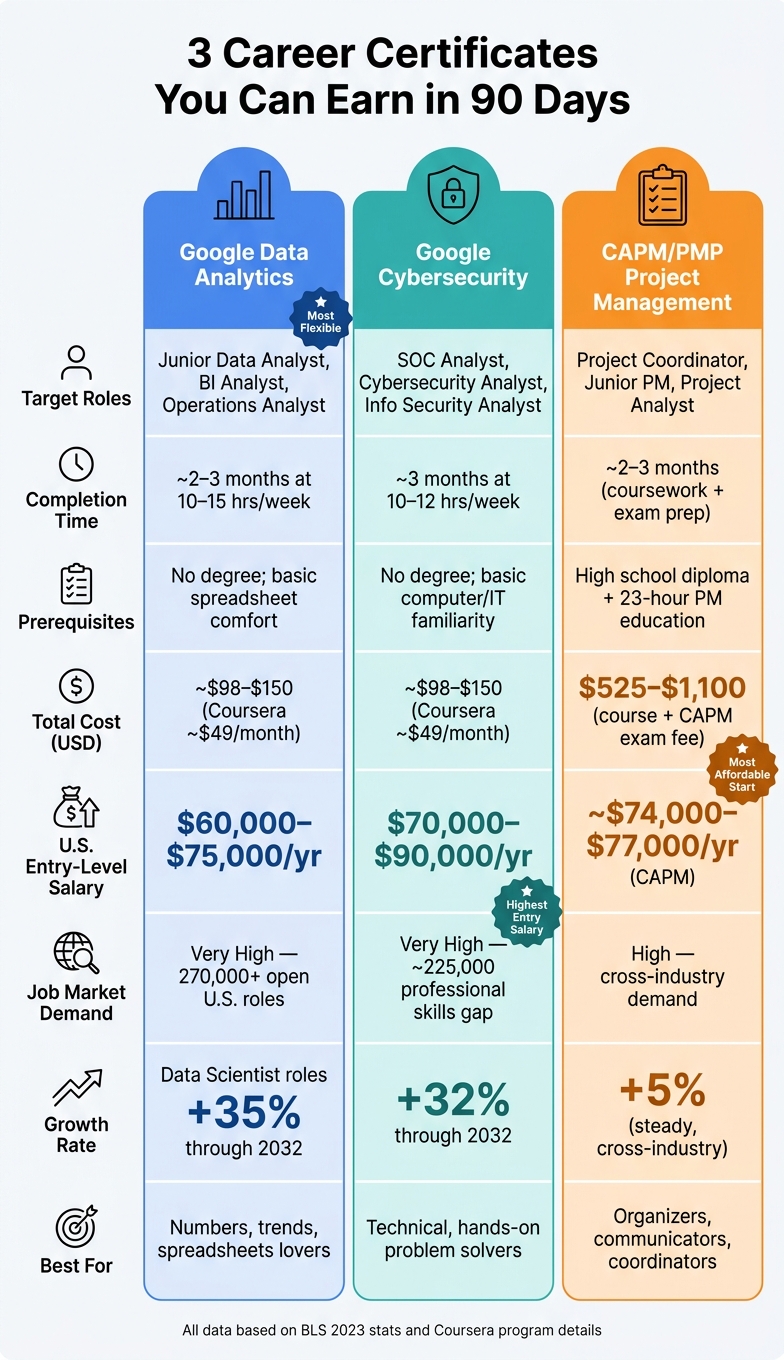 3 Career Certificates You Can Earn in 90 Days: Side-by-Side Comparison