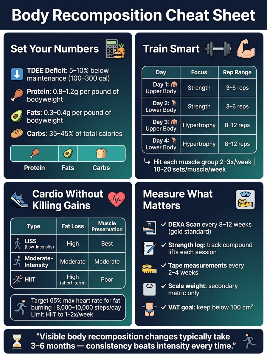 Body Recomposition Cheat Sheet: Nutrition, Training & Cardio