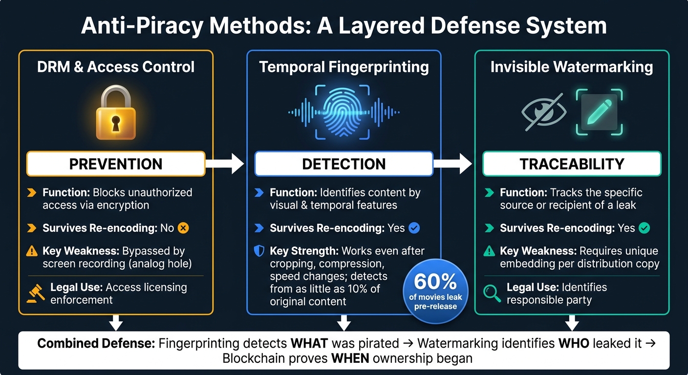 Temporal Fingerprinting vs. Watermarking vs. DRM: Anti-Piracy Methods Compared