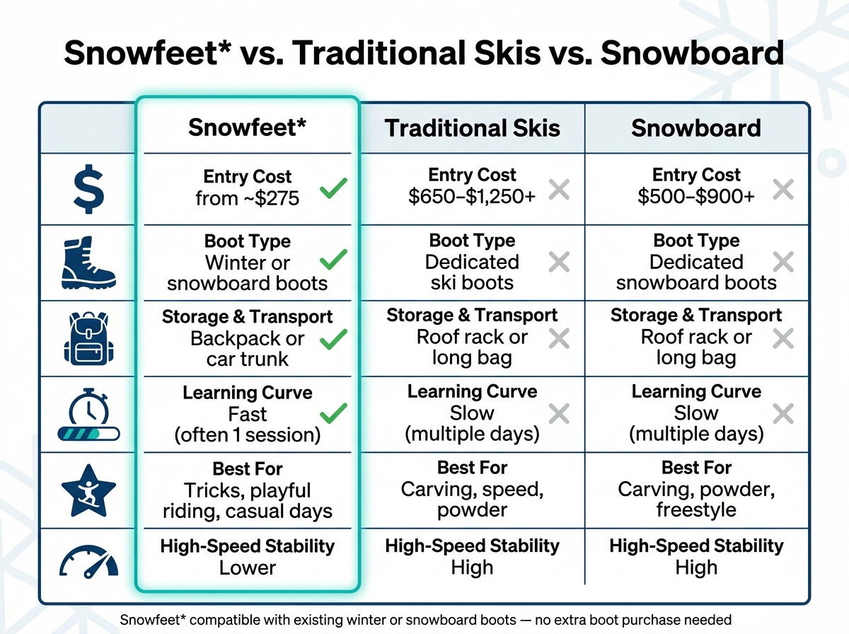 Snowfeet vs. Traditional Skis vs. Snowboard: Full Comparison