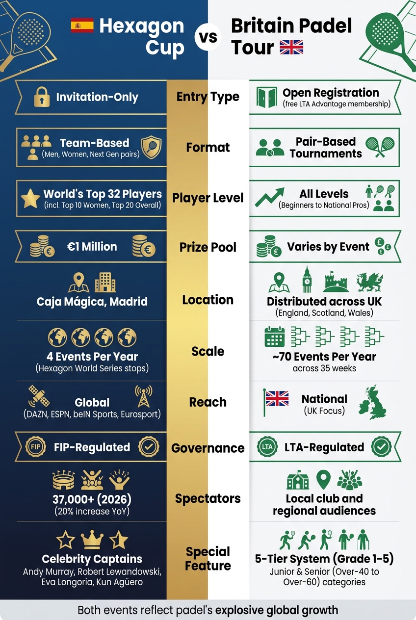 Hexagon Cup vs Britain Padel Tour: Side-by-Side Comparison
