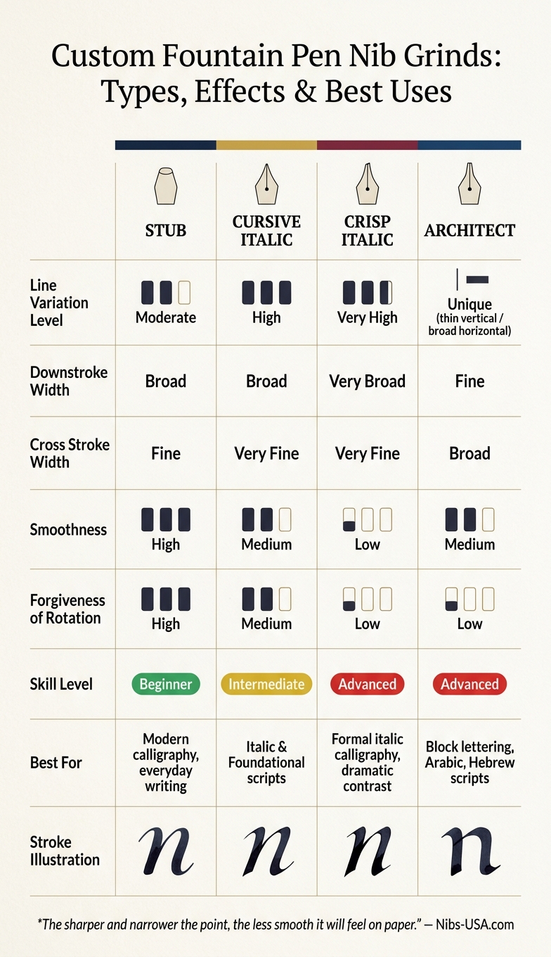 Custom Fountain Pen Nib Grinds: Types, Effects & Best Uses