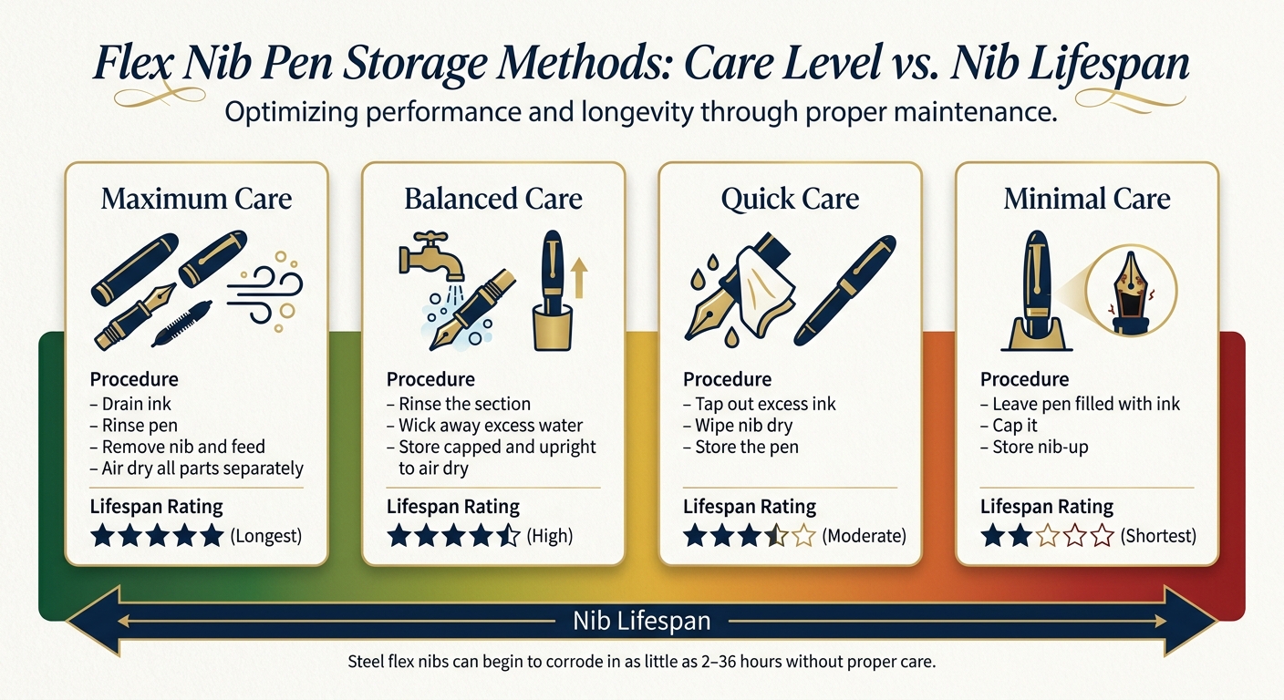Flex Nib Pen Storage Methods: Care Level vs. Nib Lifespan