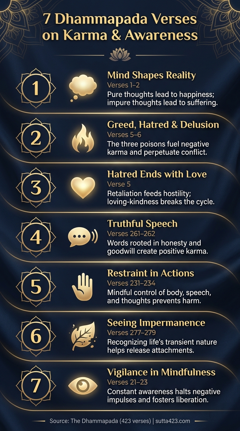 7 Dhammapada Verses on Karma & Awareness: Key Teachings at a Glance