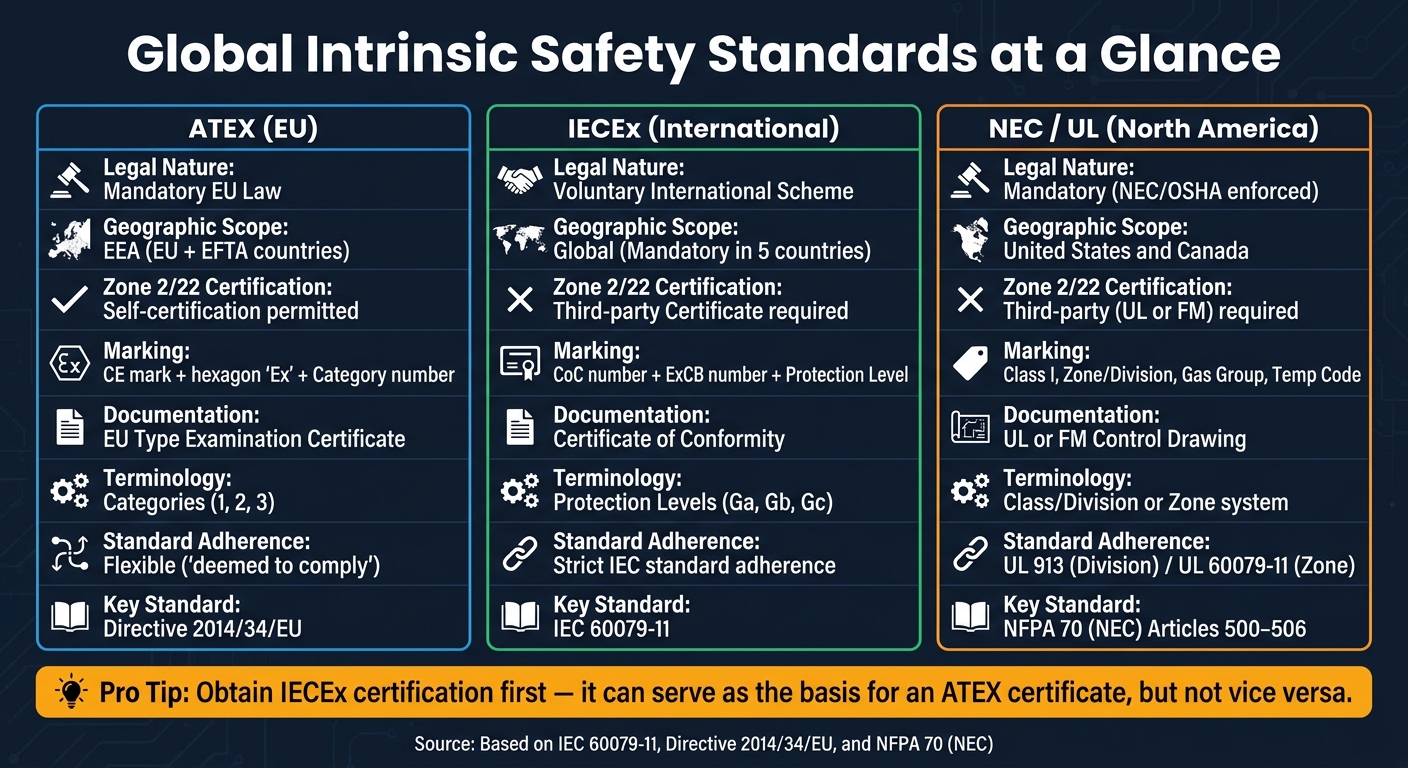 ATEX vs IECEx vs NEC: Intrinsic Safety Standards Compared