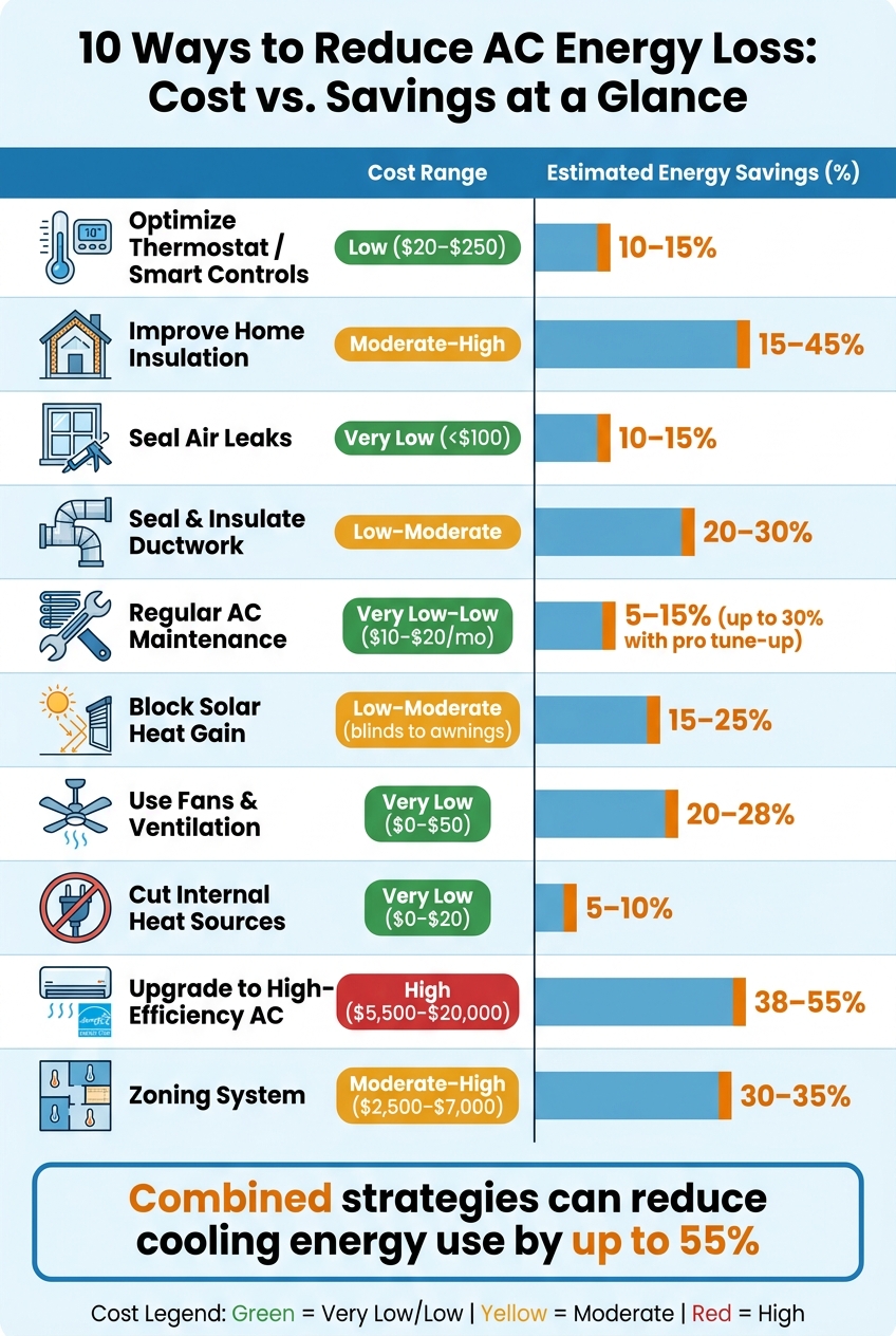 10 Ways to Reduce AC Energy Loss: Cost vs. Savings Comparison