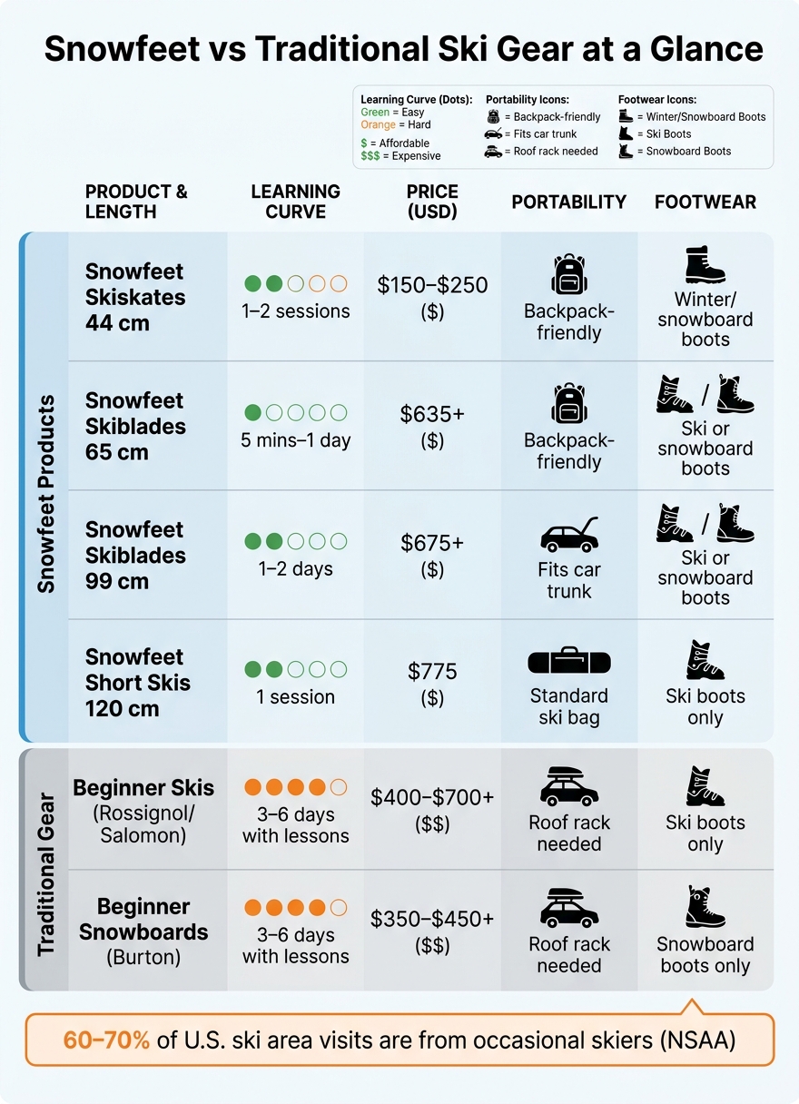 Snowfeet vs Traditional Ski Gear: Learning Curve, Cost & Portability Compared