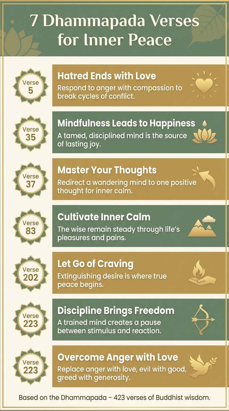 7 Dhammapada Verses for Inner Peace: Key Teachings at a Glance