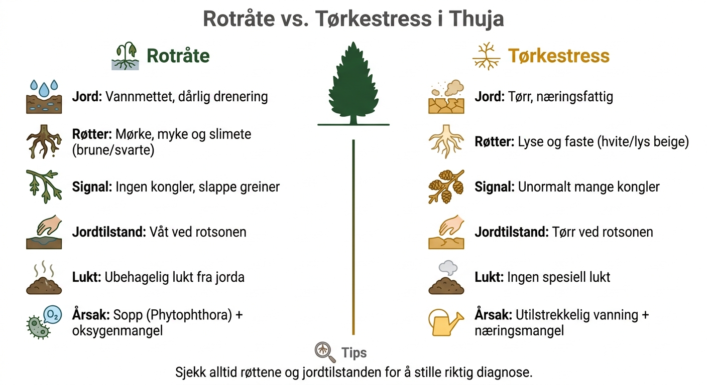 Rotråte vs. Tørkestress i Thuja: Slik Skiller Du Dem