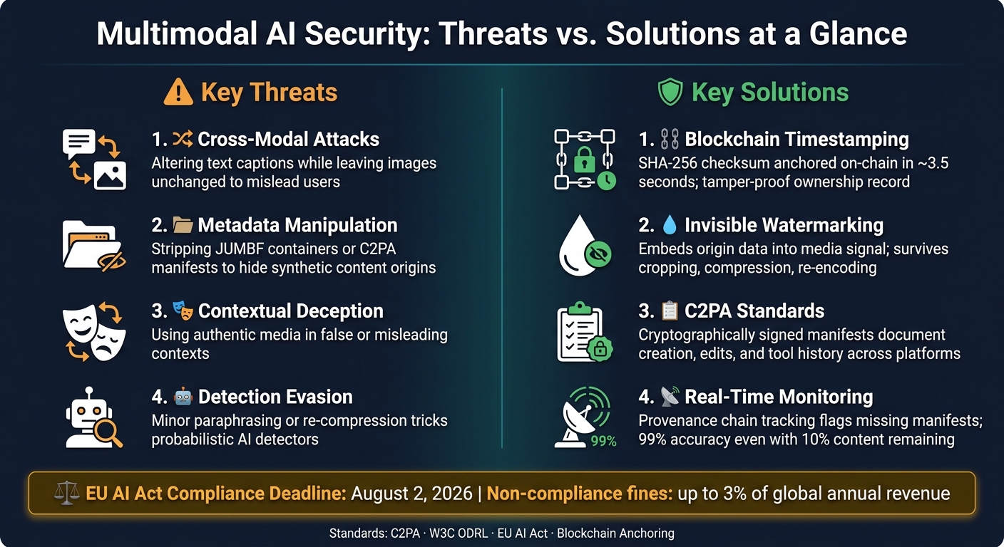 Multimodal AI Security: Threats vs. Solutions at a Glance