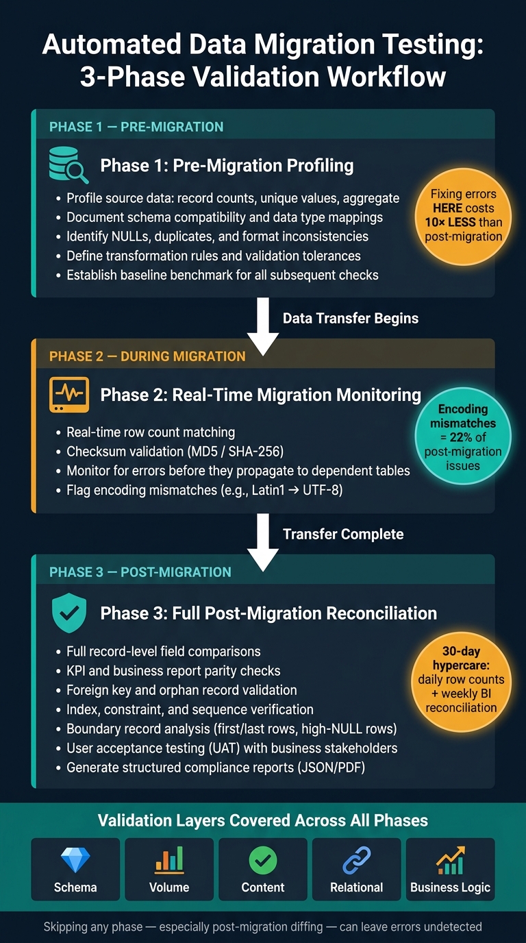 Automated Data Migration Testing Workflow: 3-Phase Validation Process