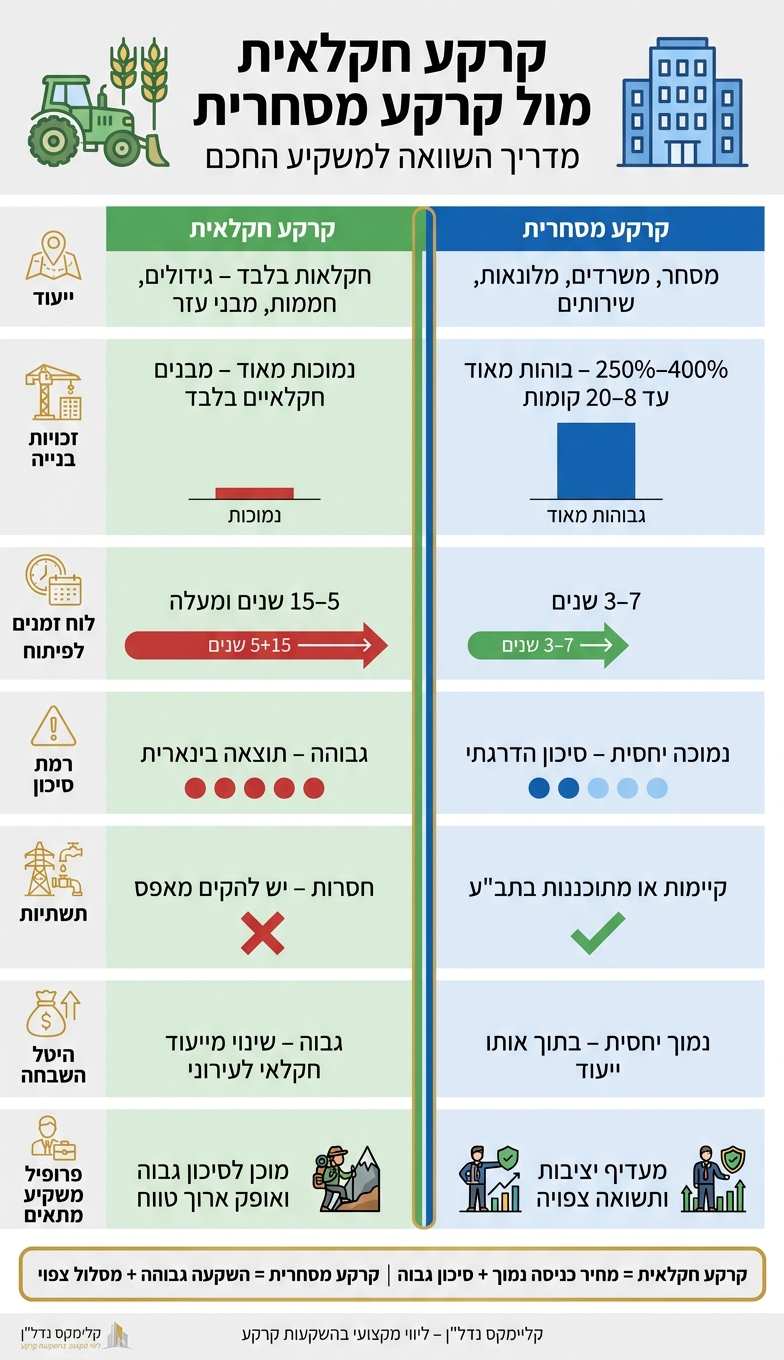 קרקע חקלאית מול קרקע מסחרית: השוואה מלאה למשקיע