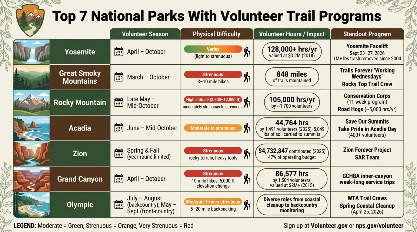 Top 7 National Parks With Volunteer Trail Programs: Side-by-Side Comparison