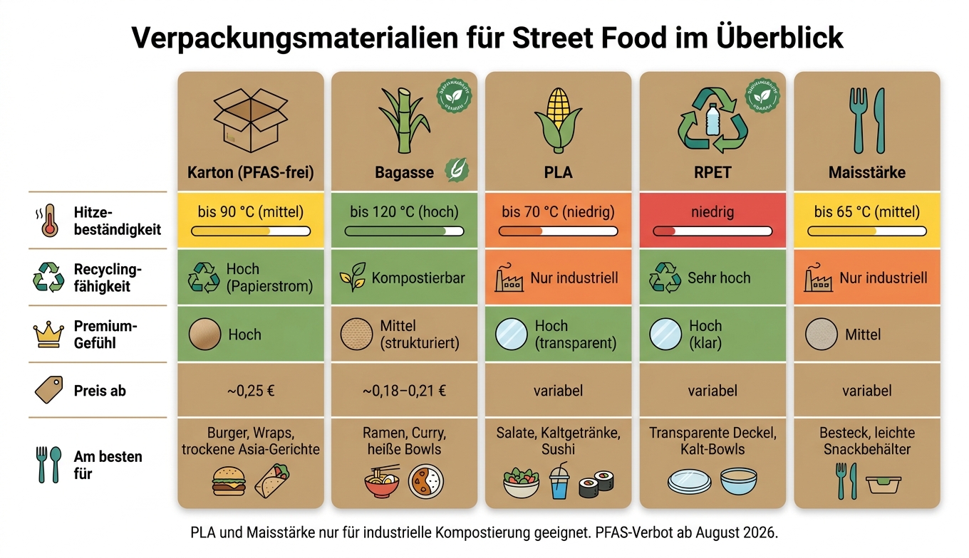 Street-Food-Verpackungsmaterialien im Vergleich: Karton, Bagasse, PLA & RPET