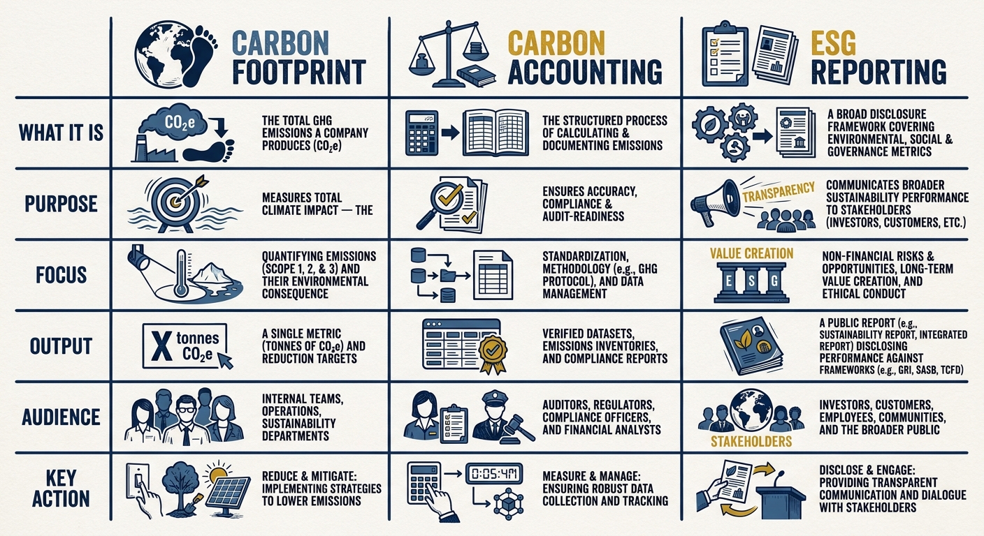 Carbon Footprint vs Carbon Accounting vs ESG Reporting: Key Differences