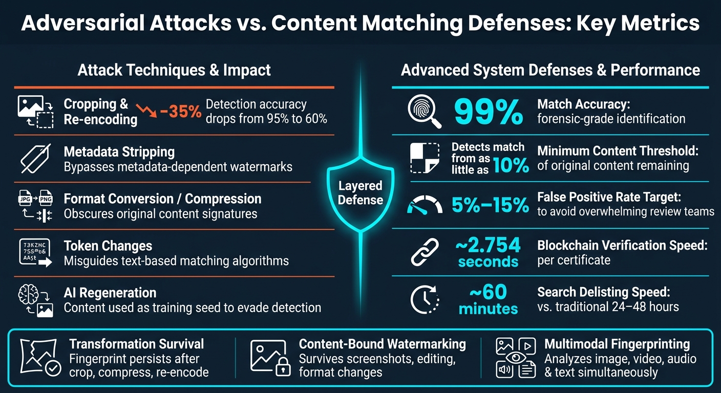 Adversarial Attacks vs. Content Matching Defenses: Key Metrics