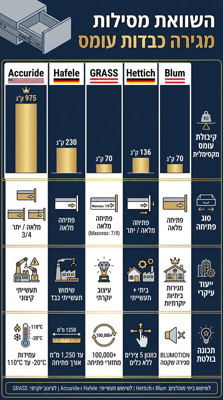השוואת מסילות מגירה כבדות עומס: Blum, Hettich, GRASS, Hafele ו-Accuride