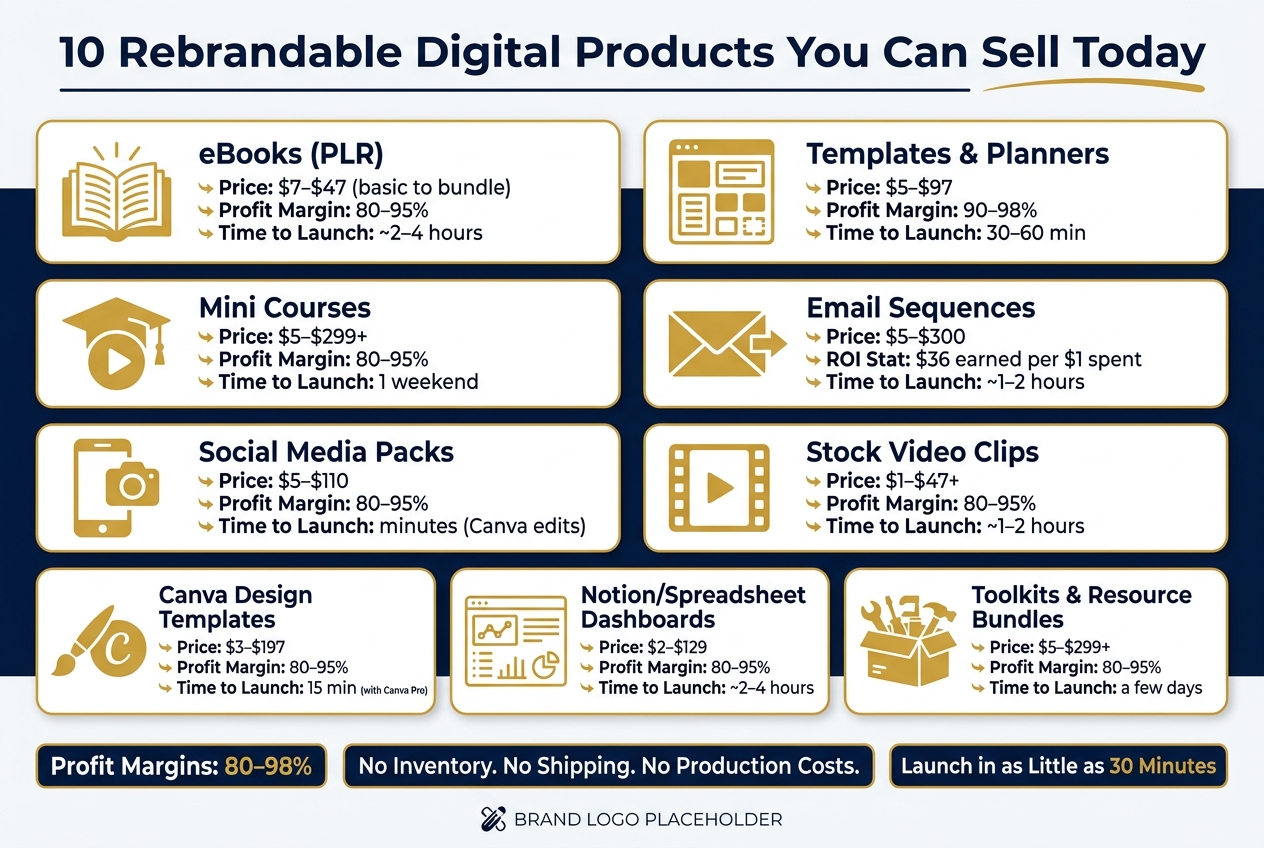 10 Rebrandable Digital Products: Profit Margins, Pricing & Time to Launch