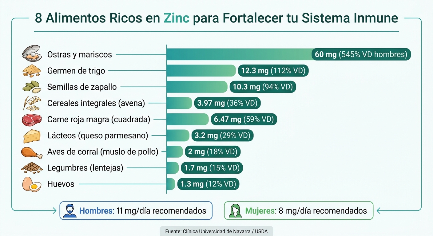 8 Alimentos Ricos en Zinc: Contenido y % del Valor Diario
