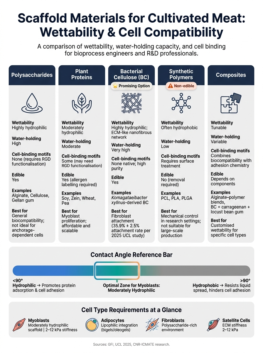 Scaffold Materials for Cultivated Meat: Wettability & Cell Compatibility Guide