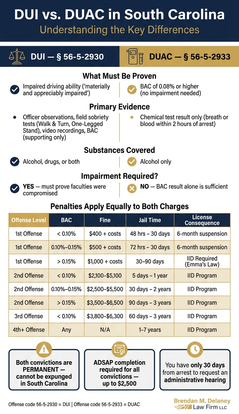 DUI vs DUAC in South Carolina: Key Differences & Penalties