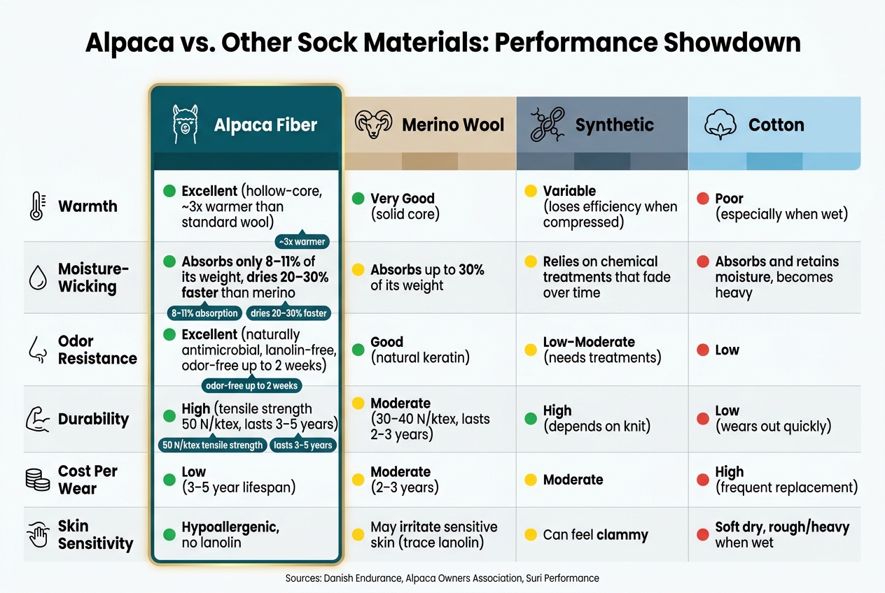 Alpaca vs. Merino Wool vs. Synthetic vs. Cotton Socks: Performance Comparison