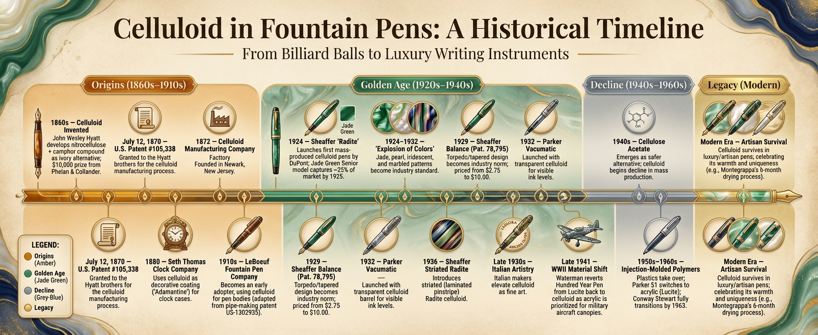 Celluloid in Fountain Pens: A Historical Timeline (1860s–Present)