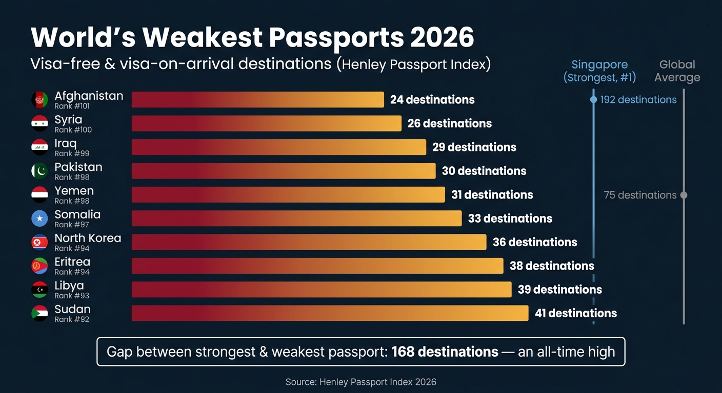 World's Weakest Passports 2026: Visa-Free Access Ranked