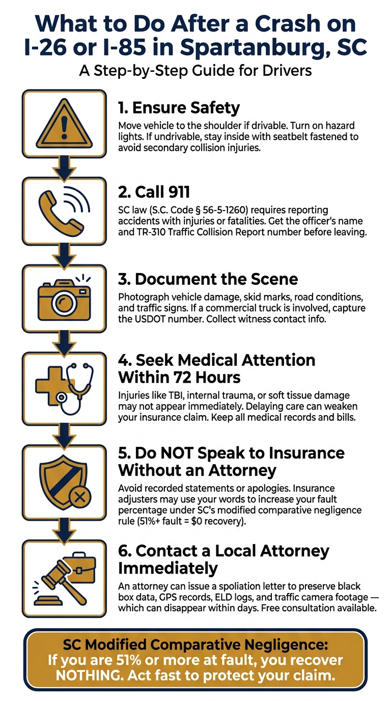 Best Auto Accident Attorneys in Spartanburg, SC: Who to Call After a Crash on I-26 or I-85 1 What to Do After a Car Accident on I-26 or I-85 in Spartanburg, SC
