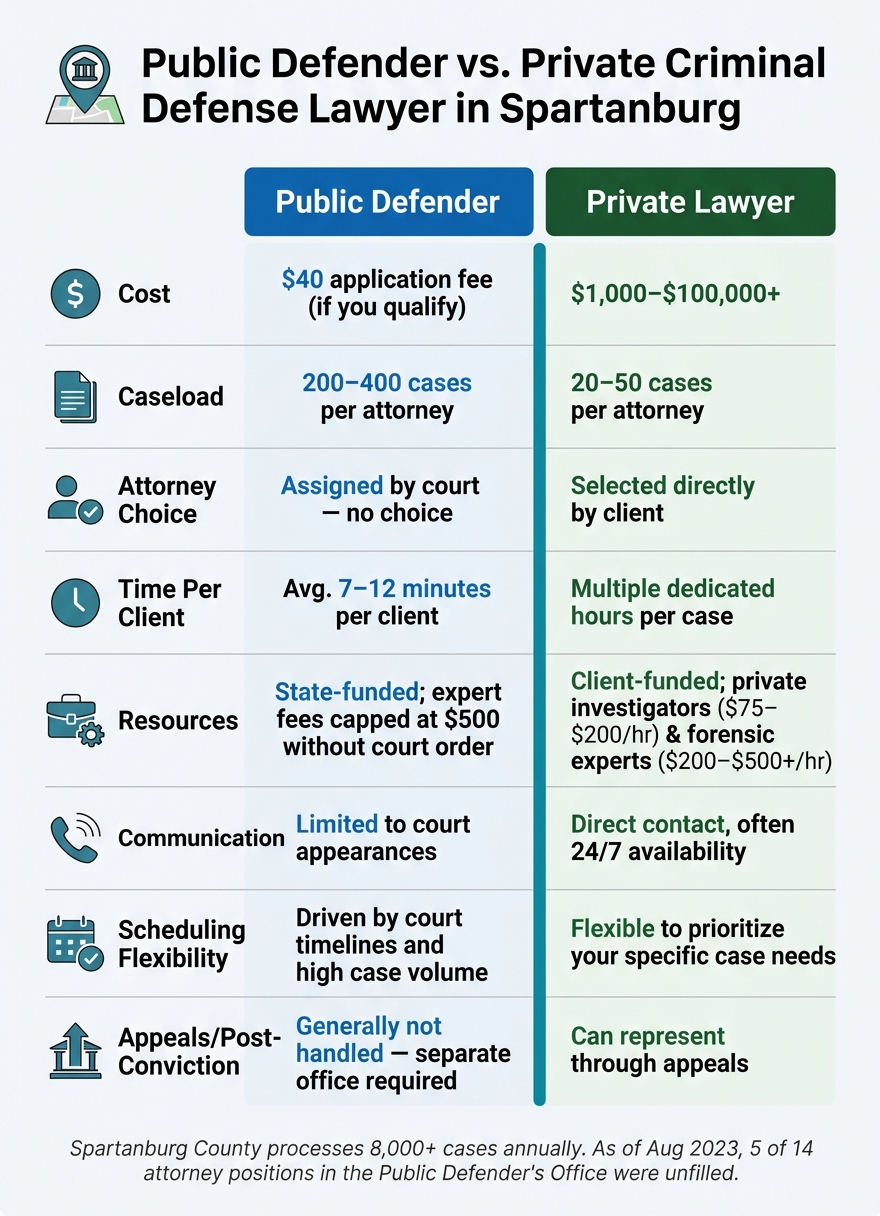 Public Defender vs Private Criminal Defense Lawyer in Spartanburg: Side-by-Side Comparison