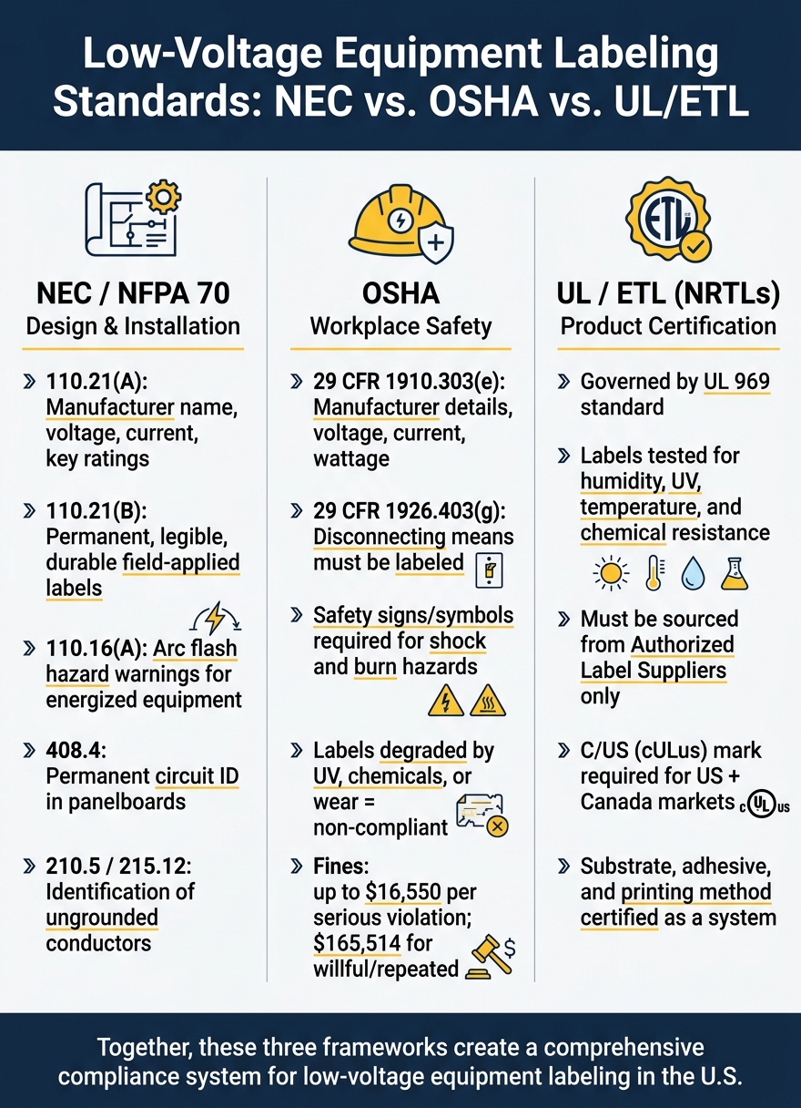 Low-Voltage Equipment Labeling Standards: NEC vs OSHA vs UL/ETL