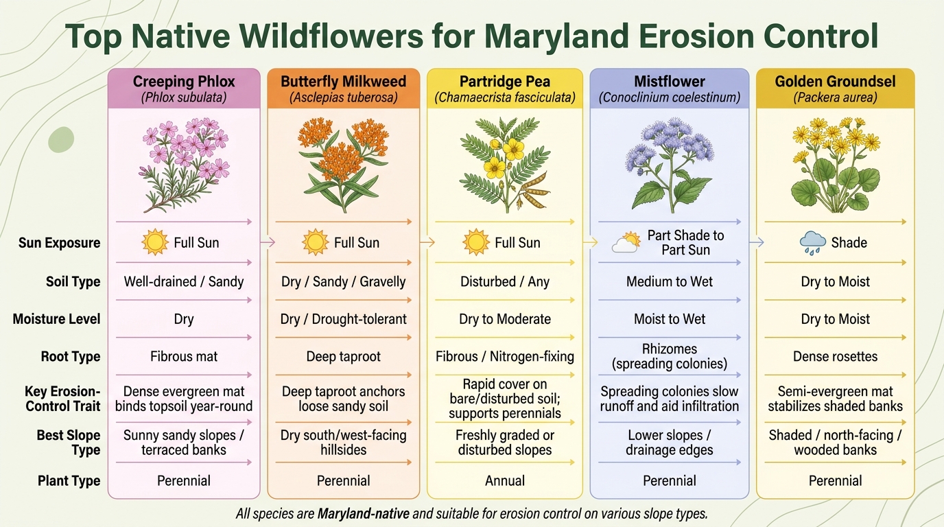 Top Native Wildflowers for Maryland Erosion Control: Quick Comparison Guide