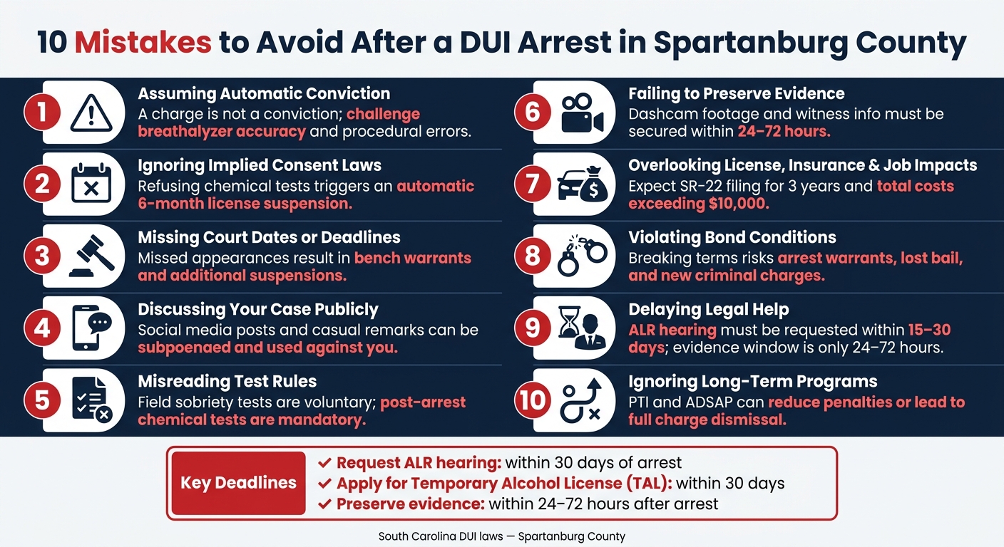 10 Mistakes to Avoid After a DUI Arrest in Spartanburg County