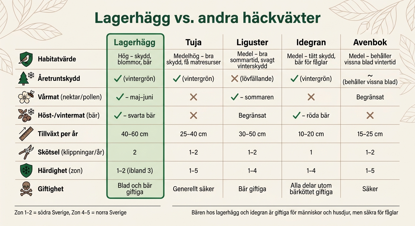 Lagerhägg vs. andra häckväxter – biologisk mångfald, skötsel och härdighet