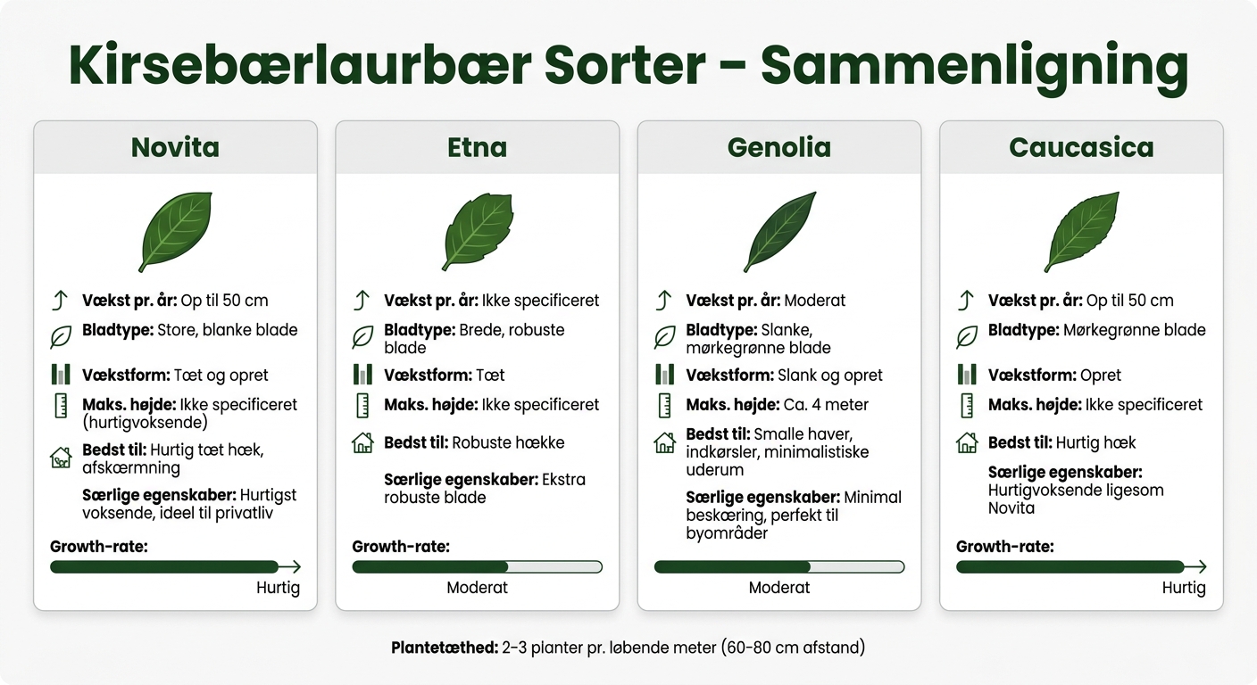 Kirsebærlaurbær Sorter Sammenlignet: Novita, Etna, Genolia & Caucasica