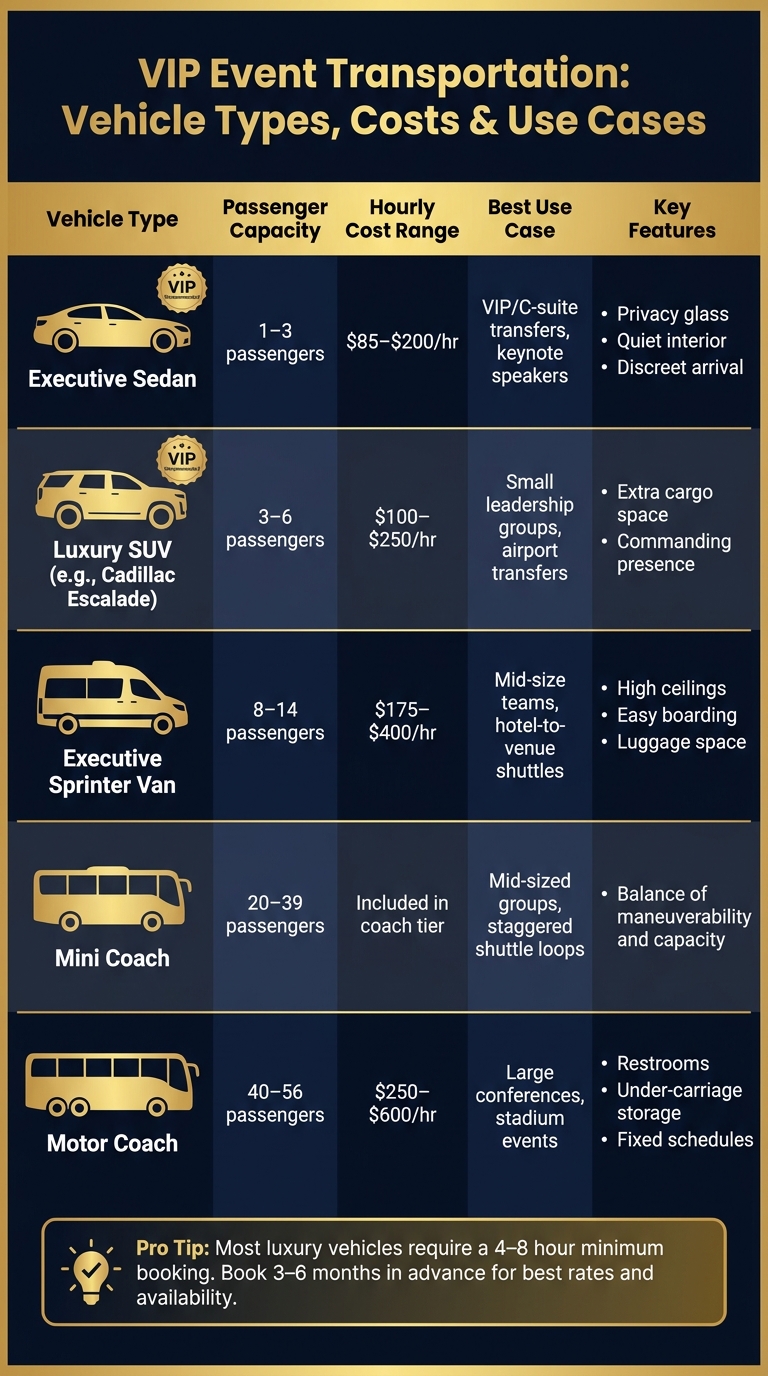 VIP Event Transportation: Vehicle Types, Costs & Use Cases