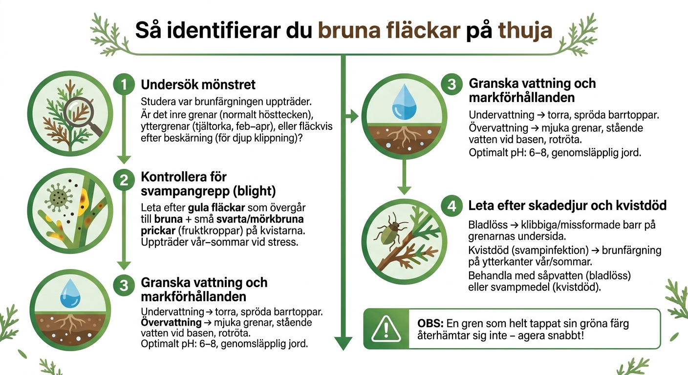 Så identifierar du bruna fläckar på thuja – steg för steg