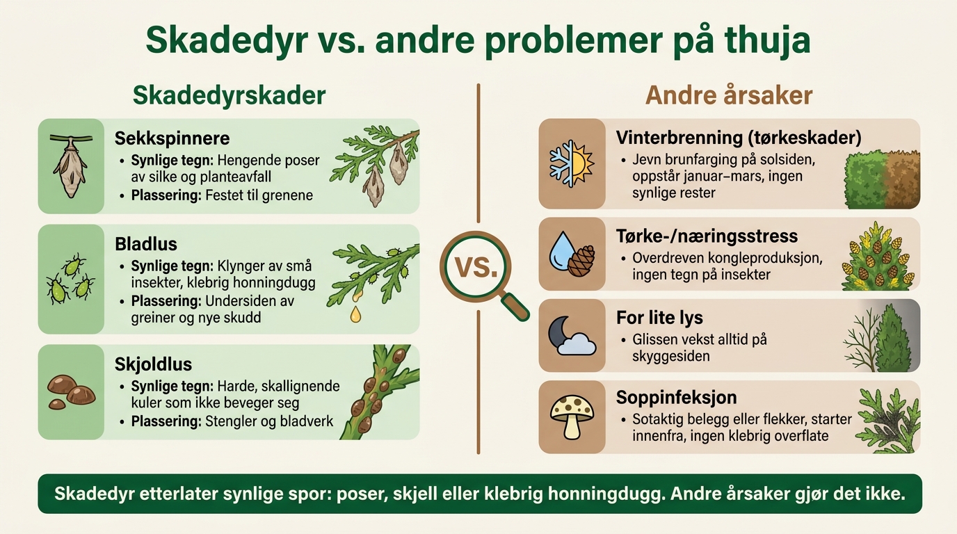 Skadedyr på thuja: Gjenkjenn og skill mellom årsaker