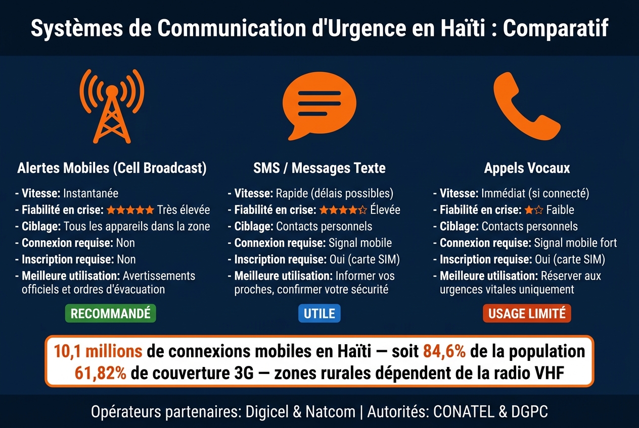 SMS Localisé vs Diffusion Cellulaire vs Appels Vocaux : Comparatif des Alertes d'Urgence en Haïti